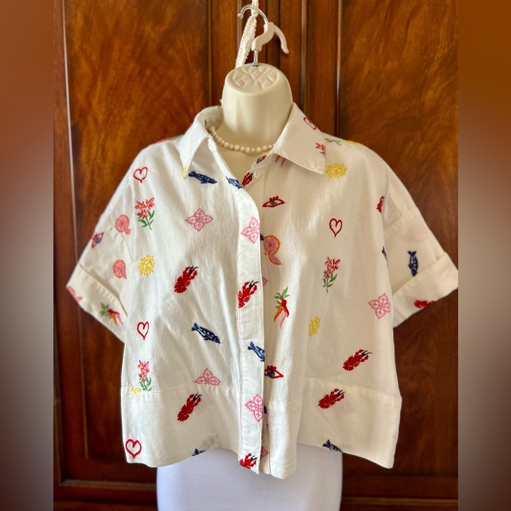 *NWT* Caroline Constas Mediterranean Motif Embroidered Button Down Shirt